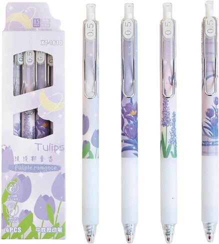 4 Pcs Flower Retractable Pens Cute Gel Ink Pens Rose Tulip Pens 0.5mm Black Ink Writing Pens Aesthetic Pens Office School Pens Women Girls Pens (Tulip) in Saudi Arabia