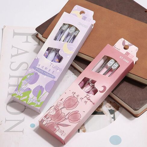 4 Pcs Flower Retractable Pens Cute Gel Ink Pens Rose Tulip Pens 0.5mm Black Ink Writing Pens Aesthetic Pens Office School Pens Women Girls Pens (Tulip) in Saudi Arabia