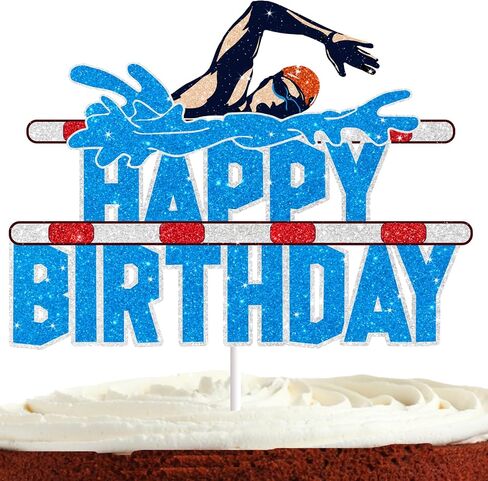 Swim Cake Topper for Boys Men Happy Birthday Summer Pool Party Decorations Swimmer Party Supplies Glitter Swimming Birthday Cake Decorations in Kuwait