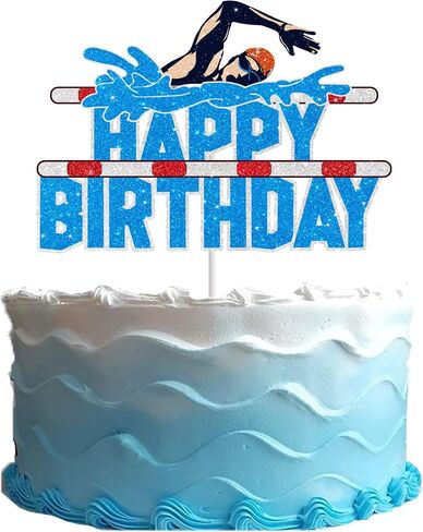 Swim Cake Topper for Boys Men Happy Birthday Summer Pool Party Decorations Swimmer Party Supplies Glitter Swimming Birthday Cake Decorations in Kuwait