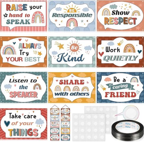 10 Pcs Classroom Rules Posters Class Rules Posters Motivational Class Rules Bulletin Board Behavior Educational Posters for Preschool Primary School Poster Decorations(Boho,White) in Saudi Arabia