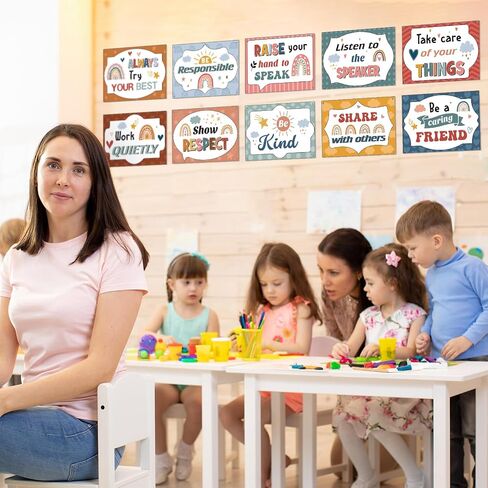 10 Pcs Classroom Rules Posters Class Rules Posters Motivational Class Rules Bulletin Board Behavior Educational Posters for Preschool Primary School Poster Decorations(Boho,White) in Saudi Arabia