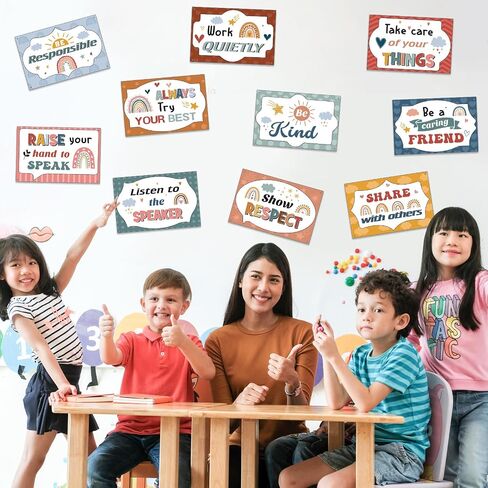 10 Pcs Classroom Rules Posters Class Rules Posters Motivational Class Rules Bulletin Board Behavior Educational Posters for Preschool Primary School Poster Decorations(Boho,White) in Saudi Arabia