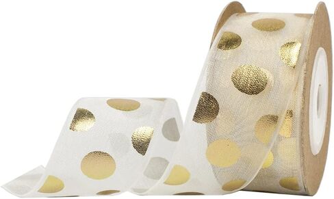 1 Inch Polka Dot Ribbon, Gold Dots Printed Organza Ribbons for Gift Wrapping Hair Bows Craft Sewing Invitation Floral Arrangement (22 Yards) in Saudi Arabia