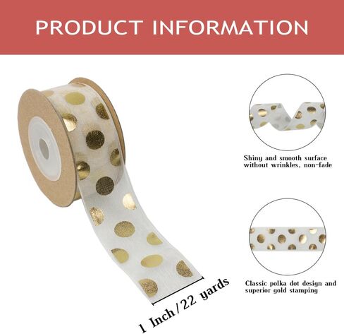 1 Inch Polka Dot Ribbon, Gold Dots Printed Organza Ribbons for Gift Wrapping Hair Bows Craft Sewing Invitation Floral Arrangement (22 Yards) in Saudi Arabia