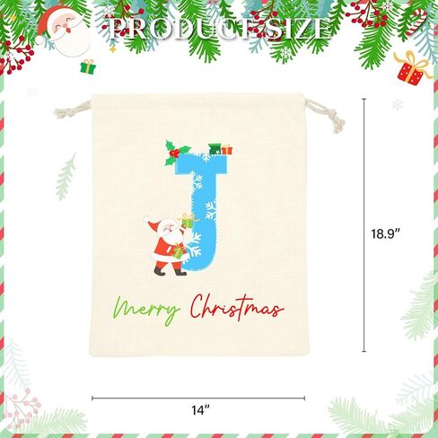 ysmile Reusable Christmas Gift Bags, Medium Santa Sack, Personalized Letter Gift Bag with Drawstring for Xmas Holiday 19" - Single J in Kuwait