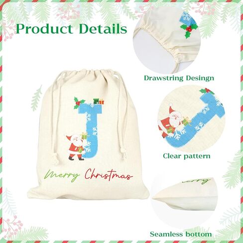 ysmile Reusable Christmas Gift Bags, Medium Santa Sack, Personalized Letter Gift Bag with Drawstring for Xmas Holiday 19" - Single J in Kuwait