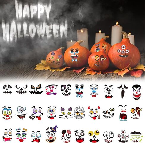 On-Airstore 64 Pack Halloween Pumpkin Decorating Stickers Pumpkin Decorations Face Stickers Halloween Crafts Treats Party Mini Jack-O-Lantern Pumpkin Face Decals Halloween Party Favors in Saudi Arabia