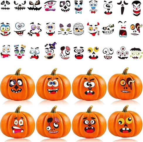 On-Airstore 64 Pack Halloween Pumpkin Decorating Stickers Pumpkin Decorations Face Stickers Halloween Crafts Treats Party Mini Jack-O-Lantern Pumpkin Face Decals Halloween Party Favors in Saudi Arabia
