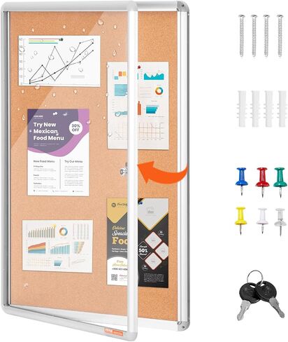 VEVOR 36"x24" Enclosed Cork Board with Aluminum Frame – Lockable Bulletin Board with Acrylic Door & 2 Keys – Weather-Resistant Wall Display Case for School, Home, Office in Saudi Arabia