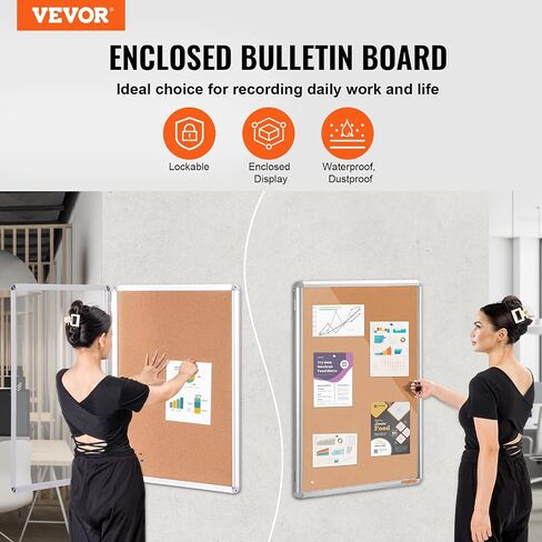 VEVOR 36"x24" Enclosed Cork Board with Aluminum Frame – Lockable Bulletin Board with Acrylic Door & 2 Keys – Weather-Resistant Wall Display Case for School, Home, Office in Saudi Arabia