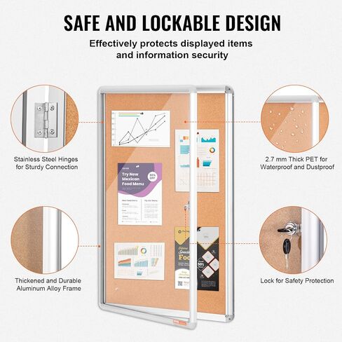 VEVOR 36"x24" Enclosed Cork Board with Aluminum Frame – Lockable Bulletin Board with Acrylic Door & 2 Keys – Weather-Resistant Wall Display Case for School, Home, Office in Saudi Arabia