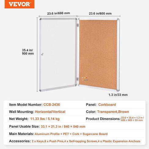 VEVOR 36"x24" Enclosed Cork Board with Aluminum Frame – Lockable Bulletin Board with Acrylic Door & 2 Keys – Weather-Resistant Wall Display Case for School, Home, Office in Saudi Arabia