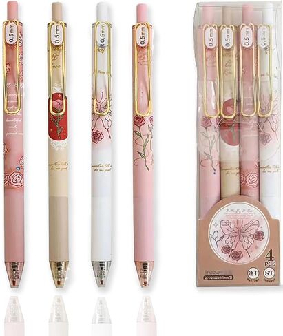4 قطع أقلام حبر هلامية لطيفة سريعة الجفاف وقابلة للسحب وزهرة الورد 0.5 ملم حبر أسود ذو نقطة دقيقة كتابة سلسة للنساء والفتيات والمدرسة والمكتب والمنزل in Kuwait