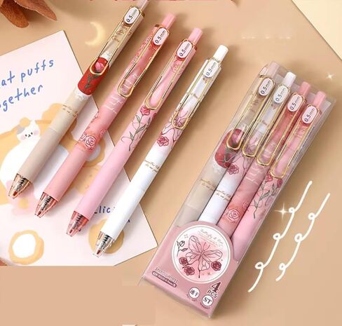 4 قطع أقلام حبر هلامية لطيفة سريعة الجفاف وقابلة للسحب وزهرة الورد 0.5 ملم حبر أسود ذو نقطة دقيقة كتابة سلسة للنساء والفتيات والمدرسة والمكتب والمنزل in Kuwait