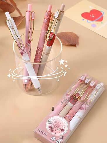 4 قطع أقلام حبر هلامية لطيفة سريعة الجفاف وقابلة للسحب وزهرة الورد 0.5 ملم حبر أسود ذو نقطة دقيقة كتابة سلسة للنساء والفتيات والمدرسة والمكتب والمنزل in Kuwait