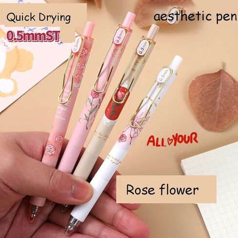 4 قطع أقلام حبر هلامية لطيفة سريعة الجفاف وقابلة للسحب وزهرة الورد 0.5 ملم حبر أسود ذو نقطة دقيقة كتابة سلسة للنساء والفتيات والمدرسة والمكتب والمنزل in Kuwait