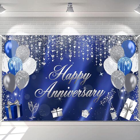 Avezano Happy Anniversary Banner Glitter Happy Anniversary Decorations Happy Anniversary Backdrop for Wedding Anniversary Bridal Shower Party Decorations 70.8 x 43.3 Inch (Blue and Silver) in Saudi Arabia