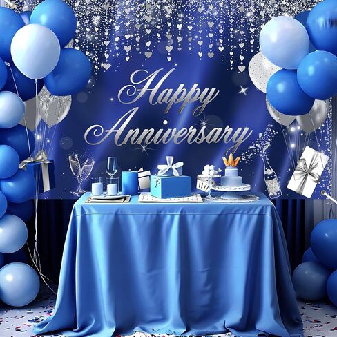 Avezano Happy Anniversary Banner Glitter Happy Anniversary Decorations Happy Anniversary Backdrop for Wedding Anniversary Bridal Shower Party Decorations 70.8 x 43.3 Inch (Blue and Silver) in Saudi Arabia