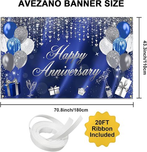 Avezano Happy Anniversary Banner Glitter Happy Anniversary Decorations Happy Anniversary Backdrop for Wedding Anniversary Bridal Shower Party Decorations 70.8 x 43.3 Inch (Blue and Silver) in Saudi Arabia