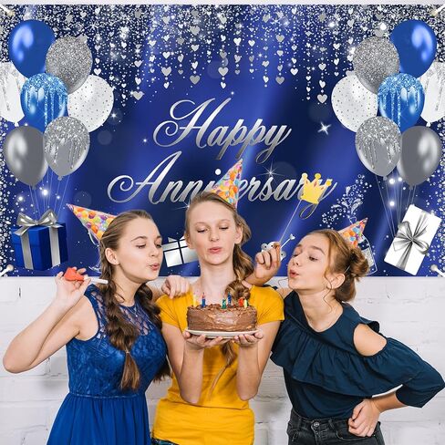 Avezano Happy Anniversary Banner Glitter Happy Anniversary Decorations Happy Anniversary Backdrop for Wedding Anniversary Bridal Shower Party Decorations 70.8 x 43.3 Inch (Blue and Silver) in Saudi Arabia