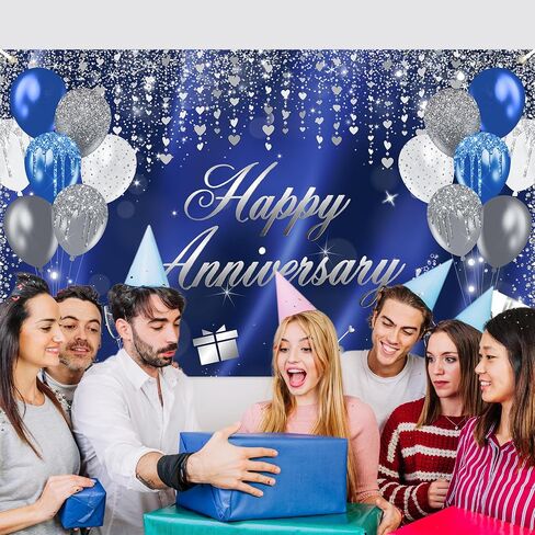 Avezano Happy Anniversary Banner Glitter Happy Anniversary Decorations Happy Anniversary Backdrop for Wedding Anniversary Bridal Shower Party Decorations 70.8 x 43.3 Inch (Blue and Silver) in Saudi Arabia