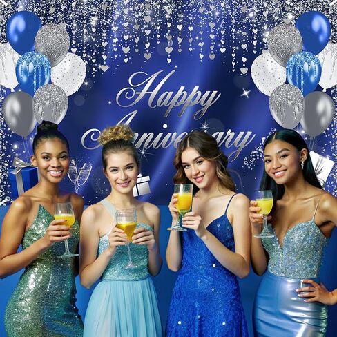 Avezano Happy Anniversary Banner Glitter Happy Anniversary Decorations Happy Anniversary Backdrop for Wedding Anniversary Bridal Shower Party Decorations 70.8 x 43.3 Inch (Blue and Silver) in Saudi Arabia