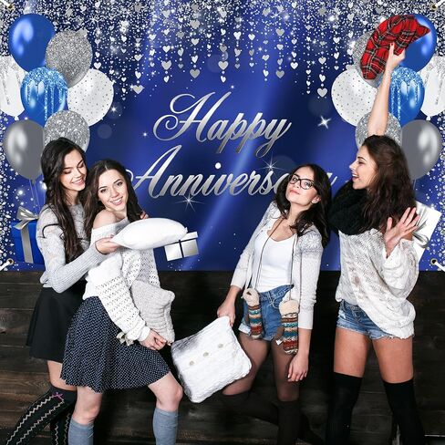Avezano Happy Anniversary Banner Glitter Happy Anniversary Decorations Happy Anniversary Backdrop for Wedding Anniversary Bridal Shower Party Decorations 70.8 x 43.3 Inch (Blue and Silver) in Saudi Arabia