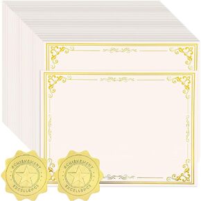 100 Sheets Certificate Paper with 100 Pcs Gold Seal Stickers, 8.5 × 11’‘ Printable Certificates for Graduation Certificates, Employee Recognition Gifts, Business Awards