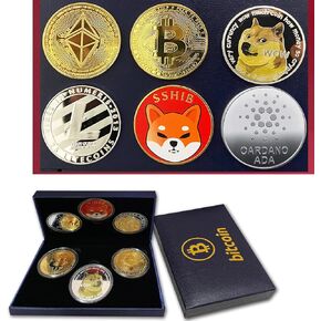 Gold Plated Physical Bitcoin Coin (BTC) - Ethereum (ETH) Shiba Inu (SHIB) Binance(BNB) Polkadot (DOT) Dogecoin (Doge) Commemorative Coin - Blockchain Crypto Coin Set Display