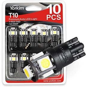 Yorkim T10 LED Bulbs 6500K Xeron White Non Polarity 6th Generation, 194 Interior LED For Car Dome Map Door Marker License Plate Trunk lights 168 W5W 2825 Socket, Pack of 10