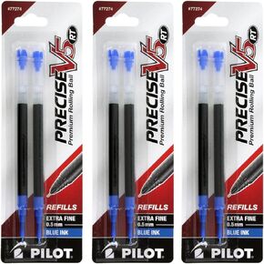 Pilot Precise V5 RT Liquid Ink Retractable Rollerball Pen Refills, 0.5mm, Extra Fine Point, Blue Ink, Pack of 6