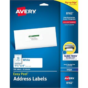 Avery Easy Peel Printable Address Labels with Sure Feed, 1" x 4", White, 350 Blank Mailing Labels (08162)
