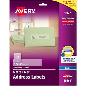 Avery Printable Address Labels with Sure Feed, 1" x 4", Matte Clear, 200 Blank Mailing Labels (18661)
