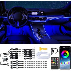 QVEVDACAR Interior Car LED Strip Lights with Wireless APP & Remote Control, 9 in 1 RGB Car Ambient Lighting Kit with 4 Under Dash Lights & 5 Fiber Optic LED Strips, Sync to Music