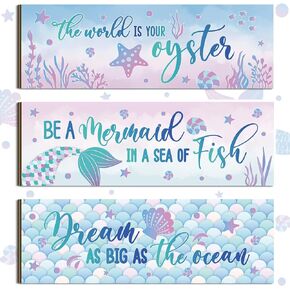 3 Pieces Mermaid Decor for Girls Room Mermaid Wall Decor Mermaid Wall Art Wooden Bathroom Decor Mermaid Summer Sign Seaside Theme Plaque Mermaid Tail Shell Signs for Bedroom Room Home Decoration