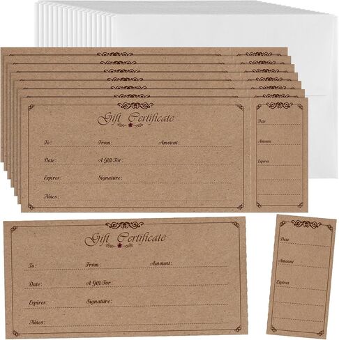 Sinmoe 50 Sets Gift Certificate for Business with 50 Pcs Envelopes Blank Gift Certificate Cards with Name and Address Rustic for Beauty Salon Restaurants Birthday(4.72 x 2.36 Inch, Branch Style) in Saudi Arabia