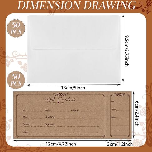 Sinmoe 50 Sets Gift Certificate for Business with 50 Pcs Envelopes Blank Gift Certificate Cards with Name and Address Rustic for Beauty Salon Restaurants Birthday(4.72 x 2.36 Inch, Branch Style) in Saudi Arabia