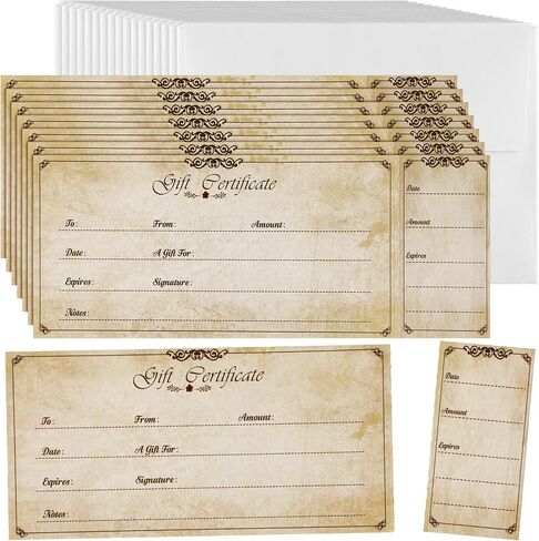 Sinmoe 50 Sets Gift Certificate for Business with 50 Pcs Envelopes Blank Gift Certificate Cards with Name and Address Rustic for Beauty Salon Restaurants Birthday(4.72 x 2.36 Inch, Branch Style) in Saudi Arabia