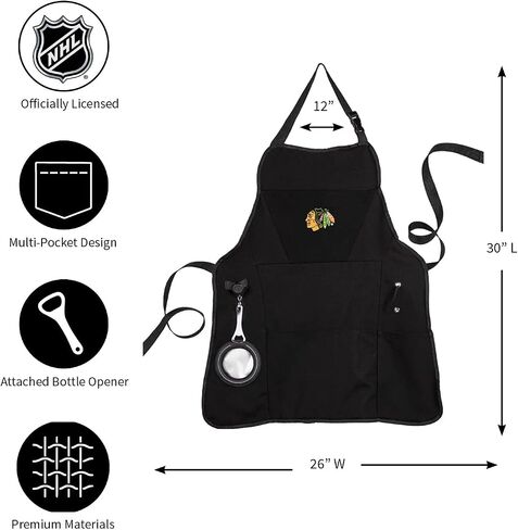 Team Sports America Outdoor Colligiate Black Grilling Apron | Chicago Blackhawks | Made of Durable Cotton | Beverage Opener and Multi-Tool |Sports and Tailgaiting Apparel in Saudi Arabia