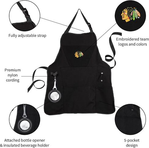 Team Sports America Outdoor Colligiate Black Grilling Apron | Chicago Blackhawks | Made of Durable Cotton | Beverage Opener and Multi-Tool |Sports and Tailgaiting Apparel in Saudi Arabia