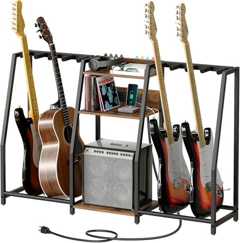 Guitar Stand for Electric Guitar, Bass, Multi Guitar Rack Holder with Charging Station, 3-tier Storage Shelf for Guitar Amp Picks Accessories, for Home Music Studio, Rustic Brown GSHR64E01 in Saudi Arabia