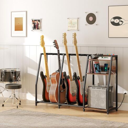 Guitar Stand for Electric Guitar, Bass, Multi Guitar Rack Holder with Charging Station, 3-tier Storage Shelf for Guitar Amp Picks Accessories, for Home Music Studio, Rustic Brown GSHR64E01 in Saudi Arabia