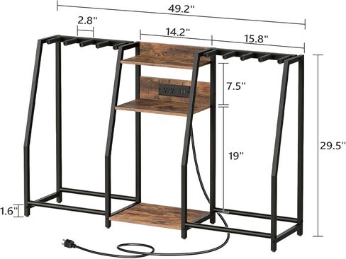 Guitar Stand for Electric Guitar, Bass, Multi Guitar Rack Holder with Charging Station, 3-tier Storage Shelf for Guitar Amp Picks Accessories, for Home Music Studio, Rustic Brown GSHR64E01 in Saudi Arabia