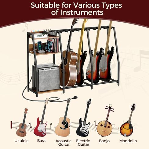 Guitar Stand for Electric Guitar, Bass, Multi Guitar Rack Holder with Charging Station, 3-tier Storage Shelf for Guitar Amp Picks Accessories, for Home Music Studio, Rustic Brown GSHR64E01 in Saudi Arabia
