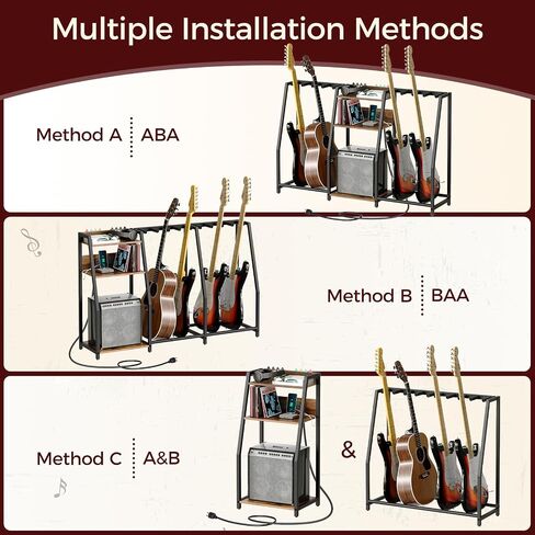 Guitar Stand for Electric Guitar, Bass, Multi Guitar Rack Holder with Charging Station, 3-tier Storage Shelf for Guitar Amp Picks Accessories, for Home Music Studio, Rustic Brown GSHR64E01 in Saudi Arabia