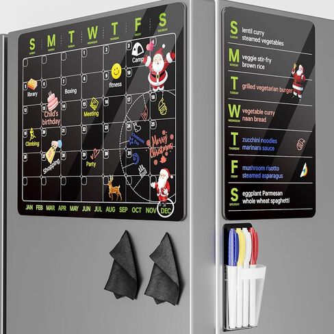 2 Set Scratch-Proof Magnetic Acrylic Calendar for Fridge 16" x 12" - Klearlook Monthly & Weekly Fridge Planner Board with Magnetic Strips, 4 Color Markers, 1 Pen Holder & 2 Cleaning Cloths, Black in Kuwait