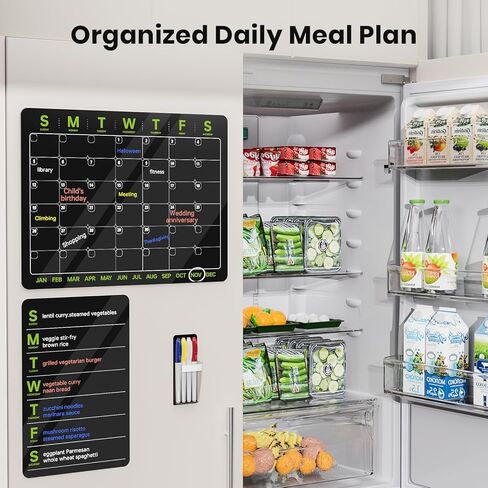 2 Set Scratch-Proof Magnetic Acrylic Calendar for Fridge 16" x 12" - Klearlook Monthly & Weekly Fridge Planner Board with Magnetic Strips, 4 Color Markers, 1 Pen Holder & 2 Cleaning Cloths, Black in Kuwait