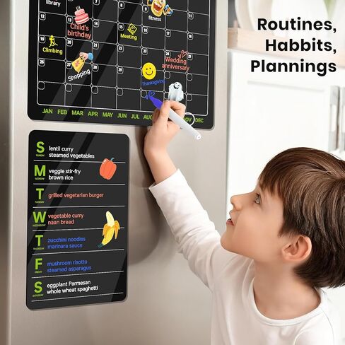 2 Set Scratch-Proof Magnetic Acrylic Calendar for Fridge 16" x 12" - Klearlook Monthly & Weekly Fridge Planner Board with Magnetic Strips, 4 Color Markers, 1 Pen Holder & 2 Cleaning Cloths, Black in Kuwait