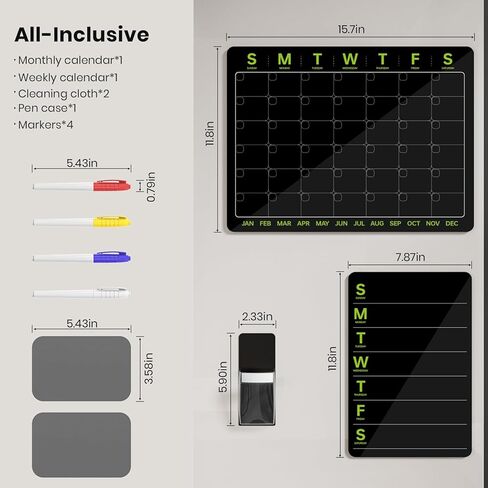2 Set Scratch-Proof Magnetic Acrylic Calendar for Fridge 16" x 12" - Klearlook Monthly & Weekly Fridge Planner Board with Magnetic Strips, 4 Color Markers, 1 Pen Holder & 2 Cleaning Cloths, Black in Kuwait